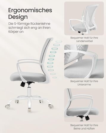 Офісне крісло SONGMICS ергономічне сітчасте, стілець для комп'ютера з регулюванням висоти та функцією гойдання, дихаюча оббивка, до 120 кг, сіро-голубий (OBN022GD01)