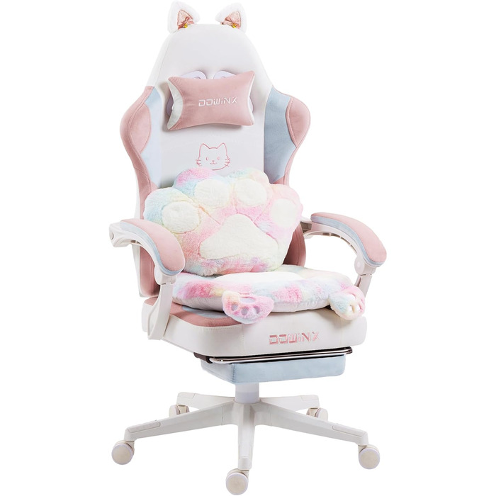 Ігровий крісло Dowinx з підніжкою, ергономічний геймерський крісло для ПК, комфортний крісло для геймерів, рожево-білий