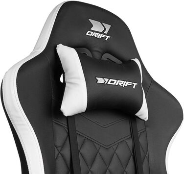 Ігровий крісло DRIFT GAMING DR35 – професійне, зі штучною шкірою, підлокітники з м'якою підкладкою, газліфт 3 класу, посилена база з нейлону, регульований нахил, регульована висота, подушки для попереку та шиї, чорно-сірий колір (Dr35 White)