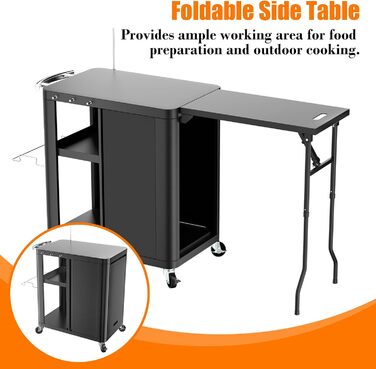 Гриль-возна Гриль-стіл з відкидним столиком, вулична кухня з гачками, полицею та шафкою, сервізний візок на колесах, чорний (143×37×89 см)
