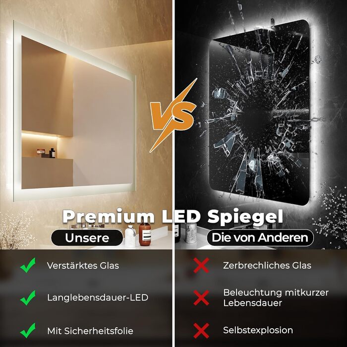 Дзеркало для ванної кімнати LOMIKEN з підсвічуванням, 60x50 см, LED, холодний білий світ, енергозбереження, вертикальне/горизонтальне кріплення, вимикач на стіні, матові краї