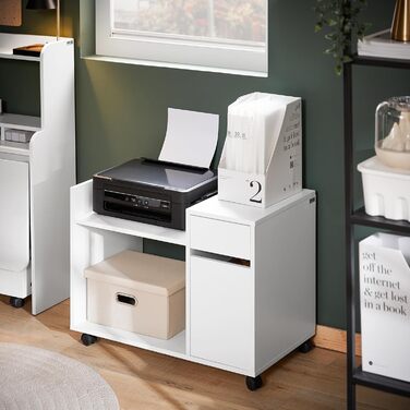 Роликовий контейнер SoBuy з шухлядою та дверцятами: друкарський столик, офісний шафчик, підставка під документи, білий 72x54x40 см, ASK02-W