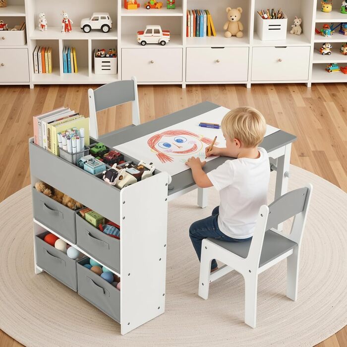 Дитячий стіл Mamizо з 2 стільцями, стіл для малювання та рукоділля, комплект меблів у дитячу кімнату, ігровий стіл з місцем для зберігання для дітей від 3 років (сірий, білий)