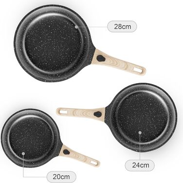 Набір сковорідок з індукційним покриттям RIOVARM з знімними ручками, антипригарний набір сковорідок з кришками 20 см, 24 см, 28 см, сковорода для омлетів без PFOA, кухонний набір для всіх типів плит, придатний для миття в посудомийній машині та духовки (B