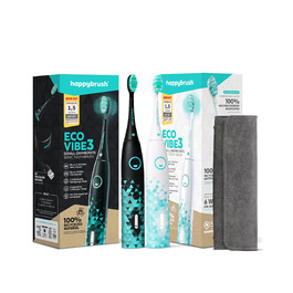 Електрична зубна щітка happybrush Eco VIBE 3 подвійна (чорна/м'ятна та біла/м'ятна) з кейсом для подорожей | 6 тижнів роботи від акумулятора