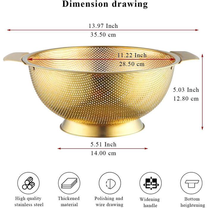 Друшляк з нержавіючої сталі Kyraton 5 літрів, професійний друшляк для макаронів, спагеті, ягід, овочів, фруктів, локшини, салатів (2.gold)
