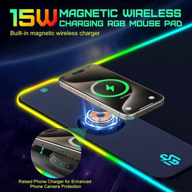 Ігрова килимок для миші RGB з бездротовою зарядкою Qi 15W, LED-підсвічування, 10 режимів, вологостійкий, протиковзкий, для геймінгу, офісу та дому (Чорний)