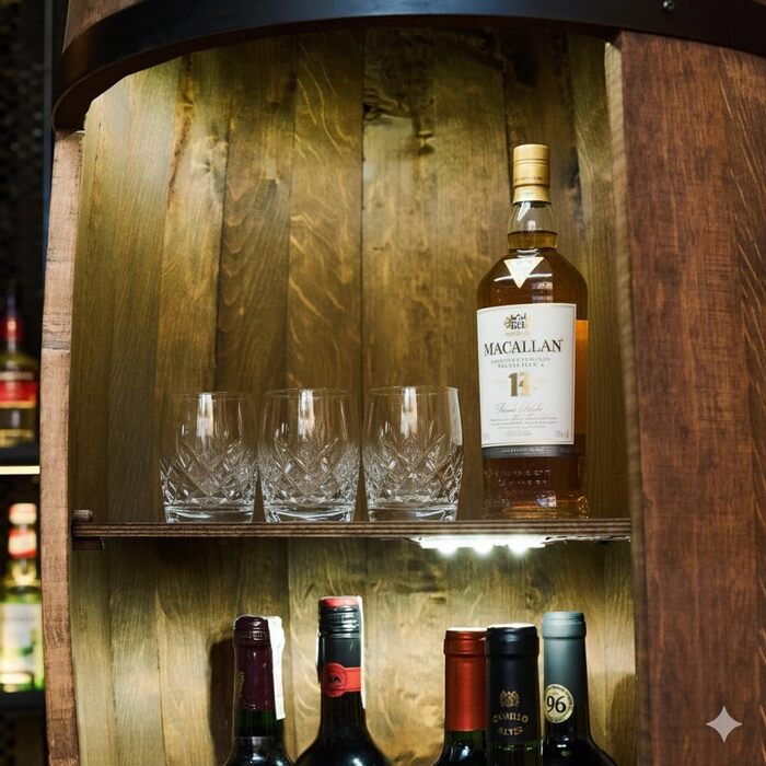 Дерев'яний бар з полицями для вина CREATIVE COOPER Fass - LED підсвітка, 80x50 см, стилістика рустік