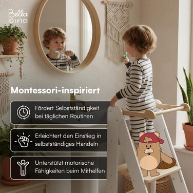 Лернтурм Bellabino Tay – навчальний столик для дітей від 1 року, регульована висота, білий, Монтессорі, з захистом від перекидання, з натурального дерева