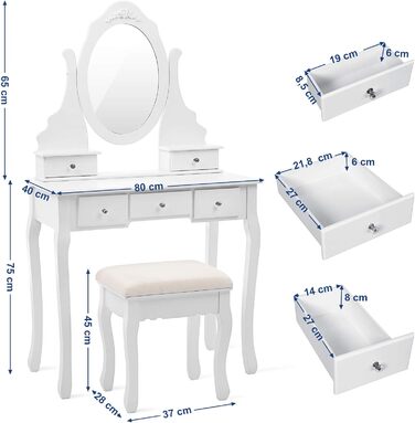 Туалетний столик SONGMICS з 3 дзеркалами, табурет, 4 висувні ящики, нижній роздільник, пристрій проти нахилу, білий, RDT07W