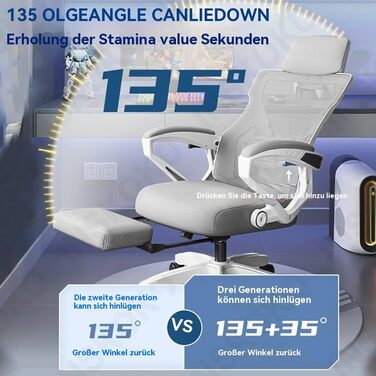 Ергономічне крісло для офісу з високою спинкою та регульованою поперековою підтримкою, дихаючий сітчастий ігровий стілець з широким сидінням, підніжка, стабільне комп'ютерне крісло (Білий)