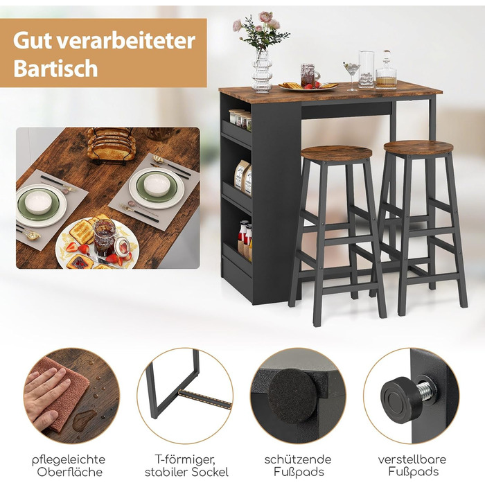 Барний стіл COSTWAY з барними стільцями (набір для 2 осіб), з 3 полицями, кухонний стіл у стилі ретро, колір - коричневий