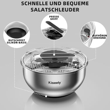 Салатниця-швидкосушарка з нержавіючої сталі 4.2L з мискою та кришкою, для салатів, овочів, зелені, ягід