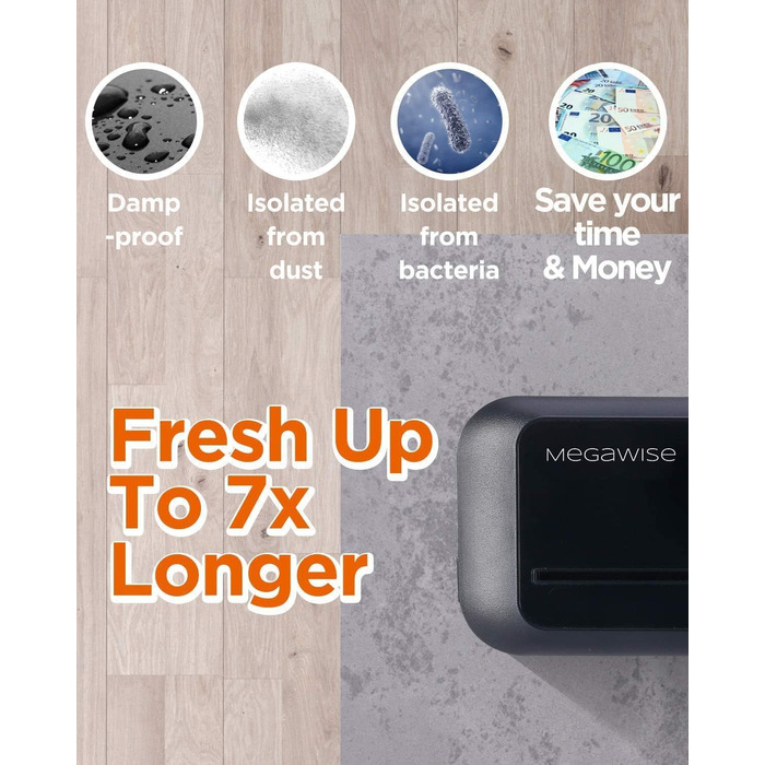 Вакууматор Megawise для продуктів 80 кПа, автоматичний вакуумний пакувальник з режимами для сухих та вологих продуктів, сріблястий (набір з 10 пакетами та різаком)