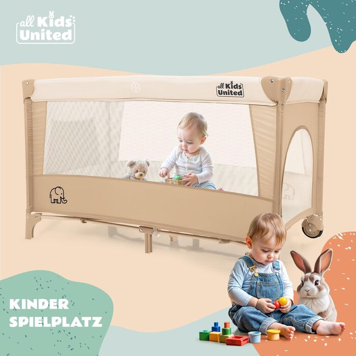 Дитяче ліжко-манежа All Kids United® для подорожей з матрацом, пеленальним столиком, музичним проигрывателем та мобілем (Бежевий)