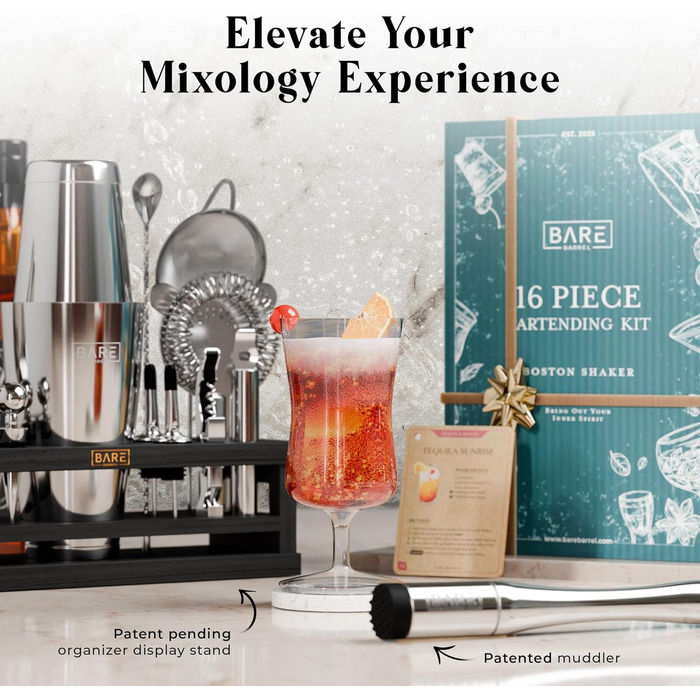 Набір бармена BARE BARREL® Mixology: 16 предметів для приготування коктейлів | Шейкер для Мартіні | Набір барного посуду для дому | 35 рецептів | Подарунковий набір (793.8 г Boston Shaker, срібний/чорний, 28oz)