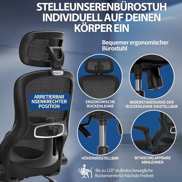 Офісне крісло TRALT Ergonomiczne: регульована підголовник, поперекова підтримка, для великих людей, сітка, 150 кг, чорний