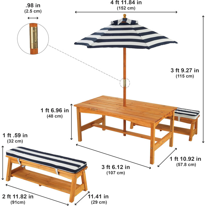 KidKraft Набір садових меблів для дітей з столом, лавкою, подушкою та парасолькою. Дерев'яні меблі для саду, смугастий синьо-білий, 106 см.