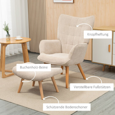 Крісло HOMCOM Wingback з табуретом Крісло з м'якою реклайнером Вельвет Look Крісло для відпочинку Крісло Крісло з дерев'яними ніжками Телевізор Крісло бежеве для вітальні