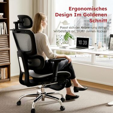 Ергономічне офісне крісло Voll-Mesh з підголівником, підставкою для ніг, регульованою спинкою, підлокітниками, саморегульованою поперековою підтримкою, PU-колесами, поворотним на 360°, навантаження до 150 кг, (Світло-сірий)