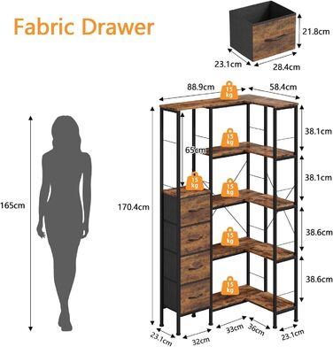 Кутовий стелаж OYRREU з 5 ярусами, LED-підсвічуванням та 4 висувними ящиками. Підходить для вітальні, спальні, офісу, кухні. Вінтажний коричневий колір.
