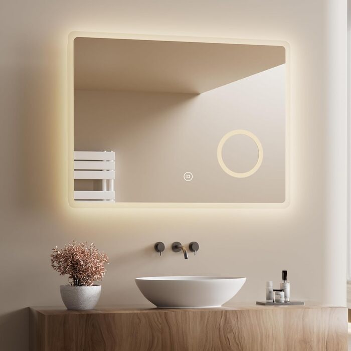 Дзеркало для ванної кімнати з підсвічуванням LED 80x60 см, регульоване, 3 колірні температури (3000K/4000K/6500K), антизапарник, вертикальна/горизонтальна установка, з 3x збільшенням