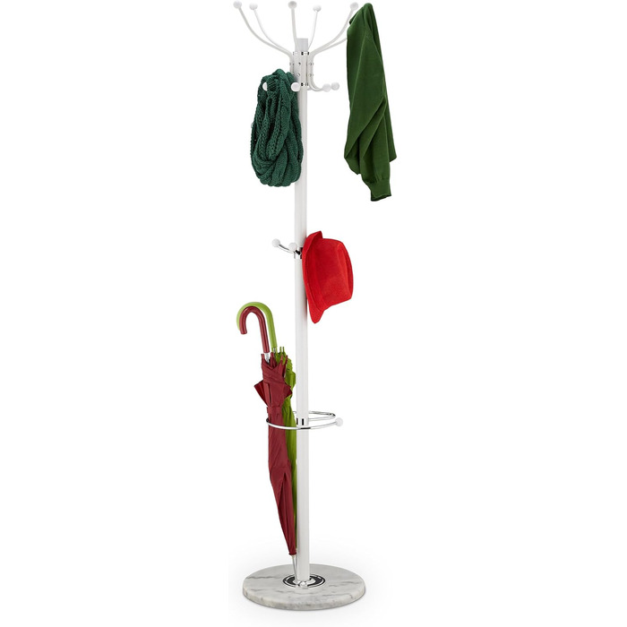 Стійка для одягу Relaxdays з підставкою для парасольки, 16 гачків, 176,5 x 36,5 см, з мармуровим основанням, золота/біла