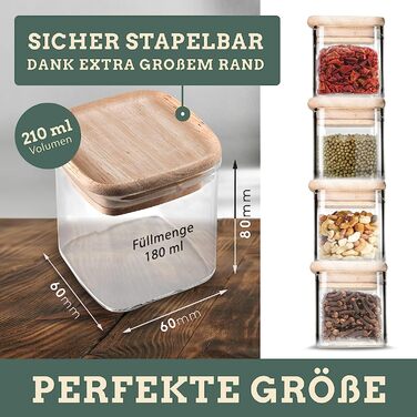 Набір банок для спецій Celeko Home 270 мл штабельовані квадратні дерев'яні кришки (12 шт.) контейнери для спецій скляні банки для зберігання спецій Банки для зберігання скляних банок для спецій - маленькі баночки з кришками та етикетками (12 х 210 мл)