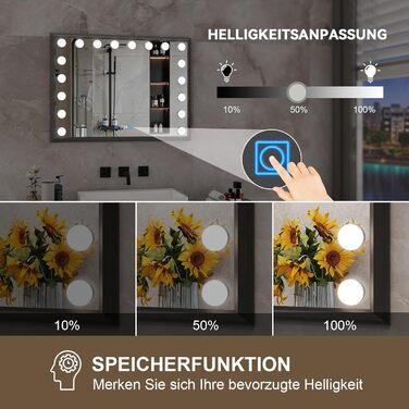 Дзеркало для ванної кімнати YOURLITE з LED-підсвічуванням 100x60 см, сенсорне управління, годинник, антизапотівання, 3 кольори світла, регулювання яскравості, функція пам'яті, білий/чорний