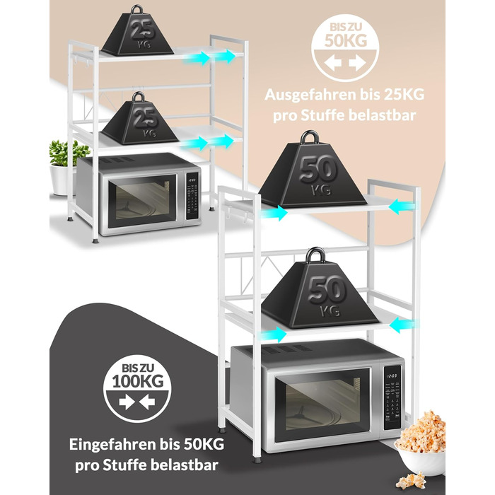 Поличка для мікрохвильової печі, кухонна поличка, сталева | 3-ярусна, регульована висота та довжина, з гачками, інструкція у відеоформаті (Білий)