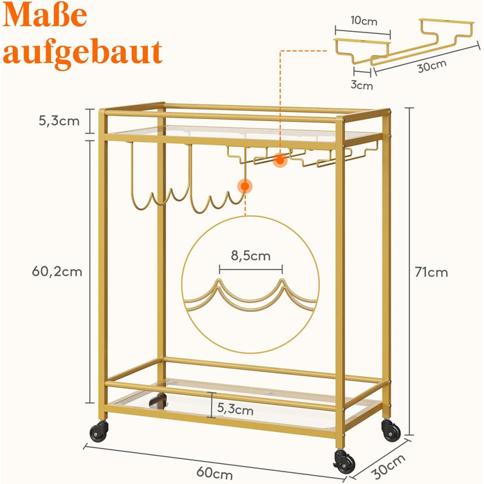 Візок кухонний LifeWit з 3 рівнями, сервірувальний візок на колесах, візок-бар для кухні, вітальні, їдальні, офісу (золотий, 60x30x71 см)