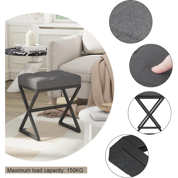 Пуф для макіяжу, пуф-табуретка з льону, сірий, 40x30x46 см, HBD033G