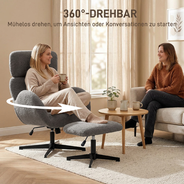 Обертовий крісло з пуфом, регульоване крісло-акцент з регульованою підголівкою, функція гойдання, сірий колір