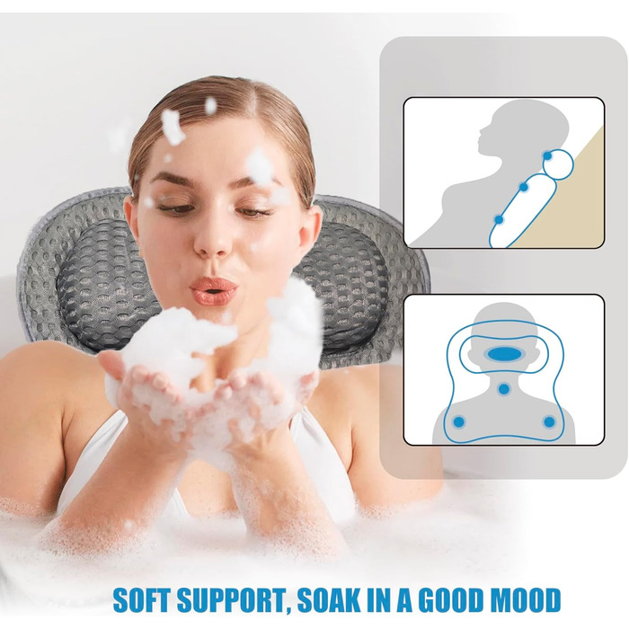 Подушка для ванни з піни memory foam, антиковзка, для шиї та спини, 4D вентиляція, 6 присосок, сіро-метеликовий колір