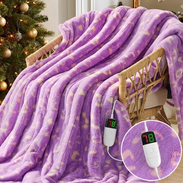 Електрична грілка з принтом корів, повний розмір 183x213 см, фіолетова. 10 режимів нагріву, автовимкнення через 8 годин, принт Highland Cattle, флісова та sherpa ковдра.