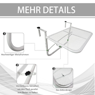 Зручний навісний столик для балкона – 3-рівневе регулювання висоти, металевий, стійкий до погодних умов. Ідеальний балконний столик, приставний столик для балконних та терасійних поручнів. Розміри: 60 x 56 см, колір – білий.