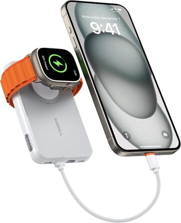 Зарядка, LED дисплей, білий, 20W PD, 10000mAh, USB-C, Apple Watch