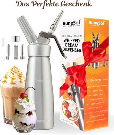 Runesol Дозатор для вершків 500 мл: професійний сифон для десертів з 3 насадками з нержавіючої сталі, алюмінієвий диспенсер для збитого вершку
