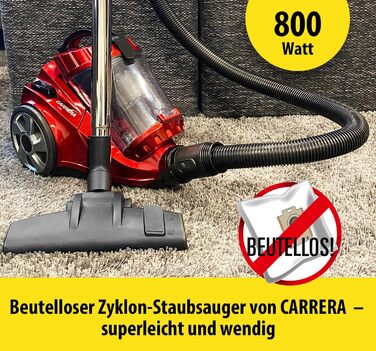 Пилсос Carrera з HEPA-фільтром, 800W, червоний – пилосос для підлоги з кабелем, компактний