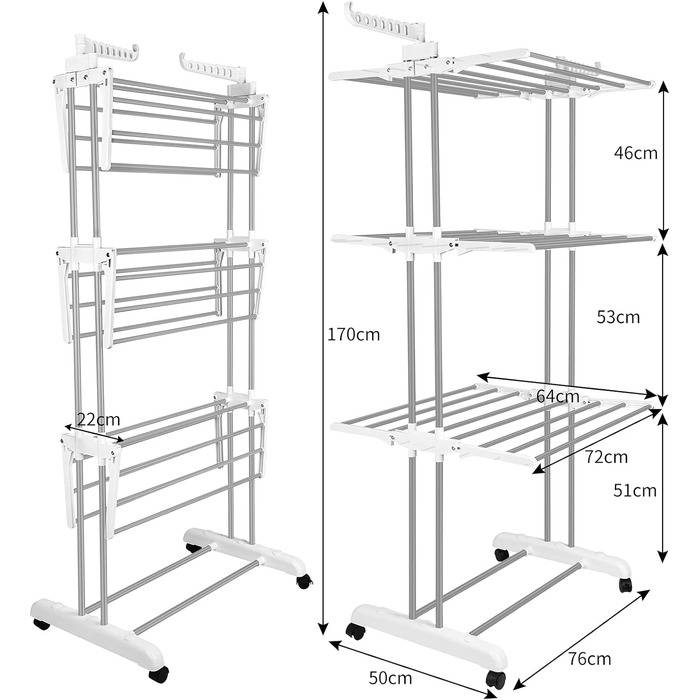 Складна сушильна стійка з нержавіючої сталі Innotic з колесами, портативна, внутрішня/зовнішня, біла/сіра, біла сіра