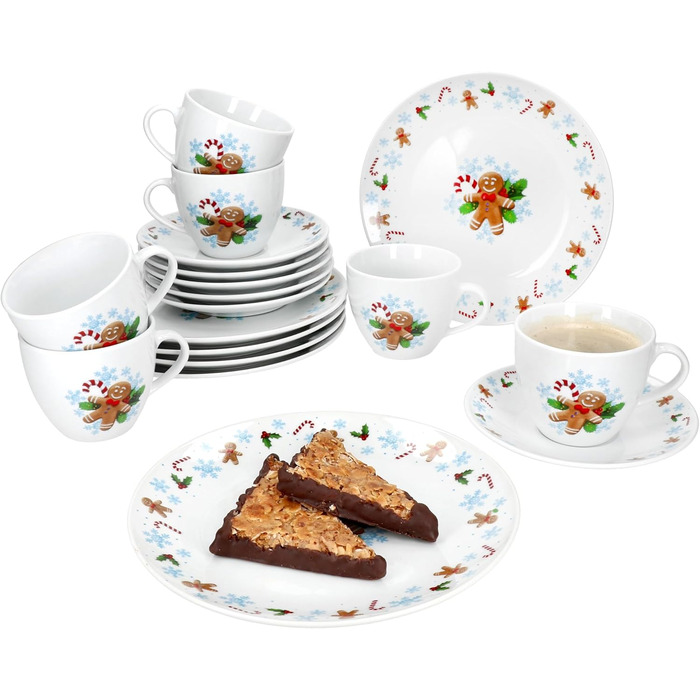 MamboCat Candyman 18-ти частинний кавовий сервіз з порцеляни для 6 осіб з новорічним дизайном (6 чашок 160 мл, 6 підставок, 6 тарілок)