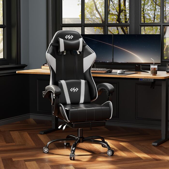 Геймінговий крісло HLONONE, ергономічний ігровий крісло з кишеньковим пружинним матрацом, гоночний крісло для геймерів з підніжкою, підтримкою попереку, регульоване офісне крісло, вантажопідйомність 150 кг, PC крісло (Чорно-білий)