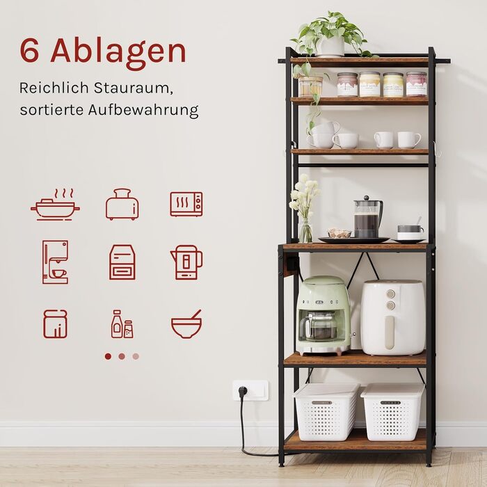 Кухонна полиця WOLTU з 6 ярусами, з розетками, мікрохвильова полиця з 6 гачками, полиця пекаря з металевим каркасом, регульовані полиці, Чорний+Рустикальне коричневий, 60 x 167 x 40 см