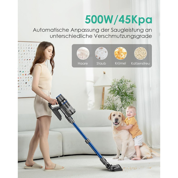 Акумуляторний пилосос з функцією миття підлоги, 45000Pa/550W/60 Min, безщітковий двигун, LED-дисплей, самостійна парковка, для твердих поверхонь, килимів та шерсті тварин, блакитний