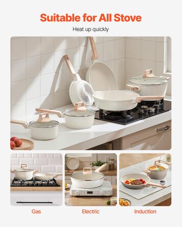 Набір каструль та сковорідок VEVOR з індукційним покриттям (17 предметів) з кришками, антипригарне покриття, для кухні, кемпінгу, приготування соусів та варіння (білий)