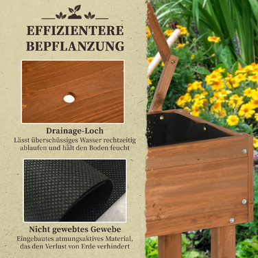 Високе грядка з вбудованою шпалерою, полицею для зберігання, колесами, масивного дерева, коричневого кольору, розміром 79 x 29 x 130 см