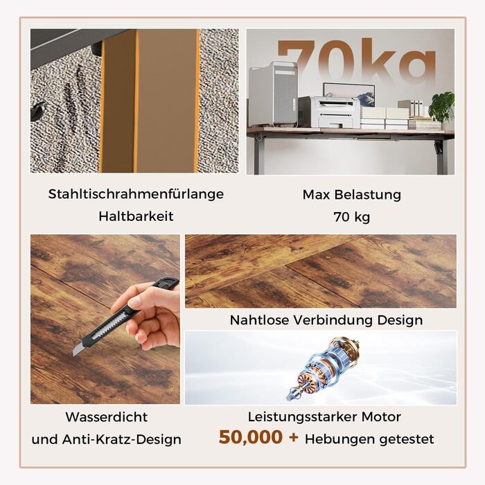 Регульований стіл Klicelor, електричний підйомний стіл, офісний стіл для комп'ютера з 2 функціями пам'яті, білий (колір Braun, розмір 120 x 80 см)