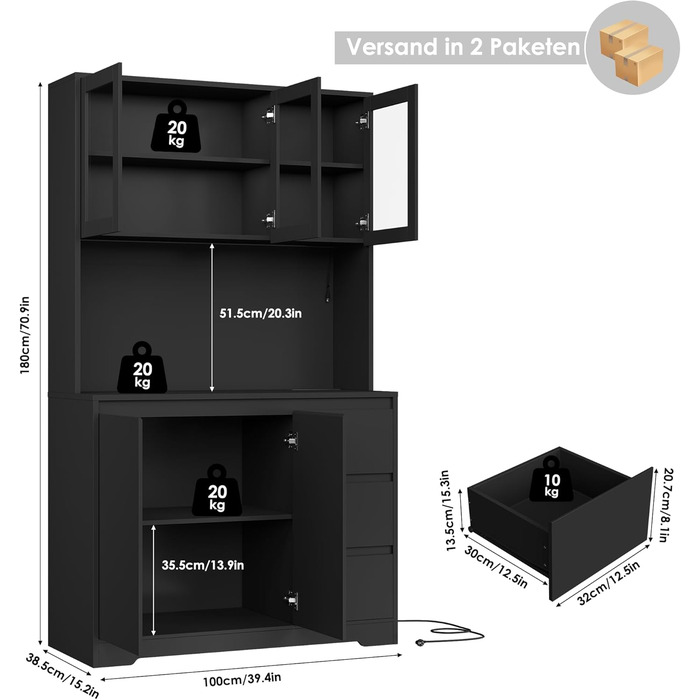 Чорний кухонний буфет з LED-підсвіткою, стільницею та 3 висувними ящиками, 180x100x38.5 см