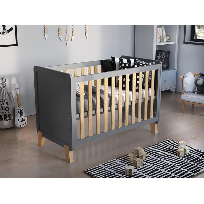 Дитяче ліжко-приліжкове Love For Sleep 120x60 з матрацом з піною Aloe Vera сірого кольору, дуб Francis. Ліжко для новонароджених, збірна конструкція, збірка за 5 хвилин.