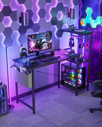 Ігровий стіл CubiCubi зі розетками (2 AC+USB-A+USB-C), 110 x 50 см, з регульованою полицею, 4 гачками та кишенею, для кіберспорту, дому та офісу, карбонове волокно, чорний